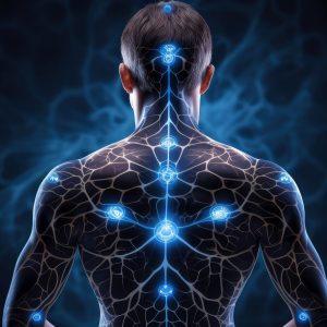 Illustration of thought energy . Head of person and neural network of brain with a problematic areas, Psychic waves concept, Generative AI illustration