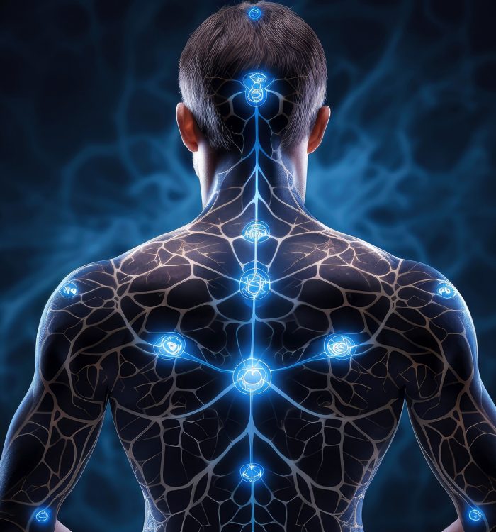 Illustration of thought energy . Head of person and neural network of brain with a problematic areas, Psychic waves concept, Generative AI illustration