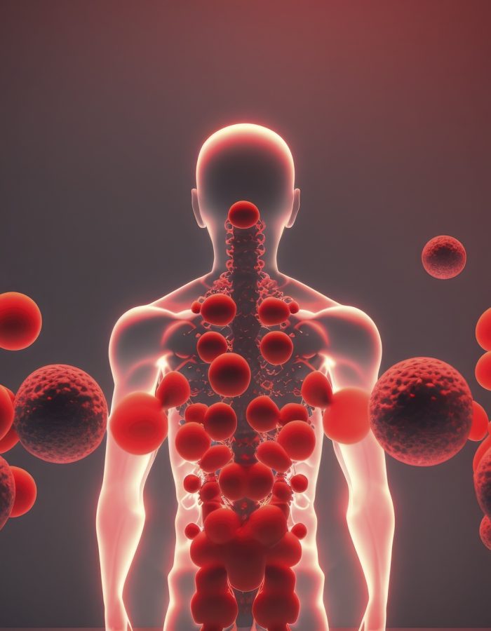 Immune system, protection against viruses and bacterias. Different shapes bacterias and virus cells near person silhouette. Created with generative ai