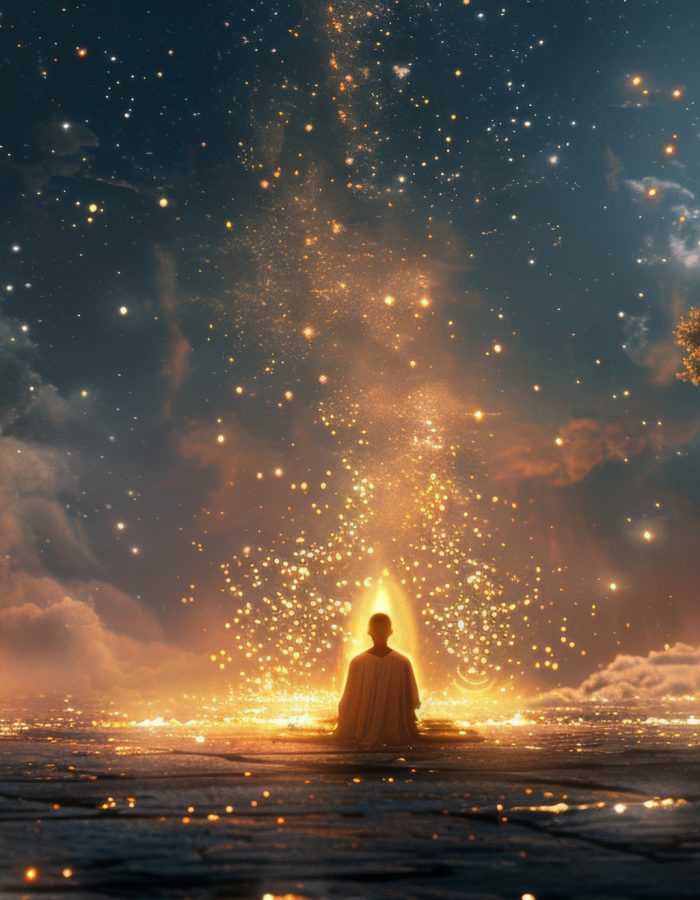 A lone figure sits in meditation surrounded by golden light, trees, and a glowing river in a mystical forest.