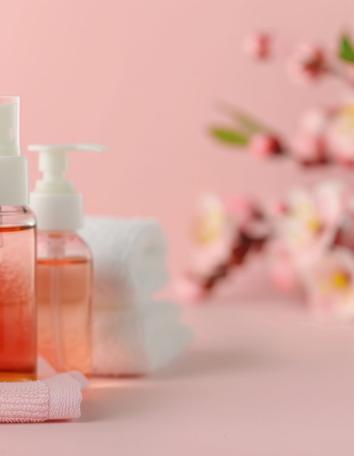 Soft pink towels and small bottles of skincare products are arranged neatly alongside delicate flowers, creating a calming and inviting atmosphere ideal for relaxation and self-care.