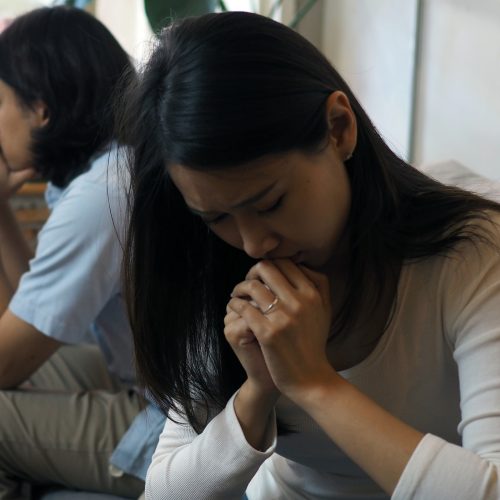 The woman was sad, not happy in the life after marriage. After arguing with a selfish husband.