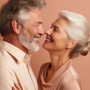 Waist up portrait of happy elderly couple embracing and gazing at each other on beige backdrop