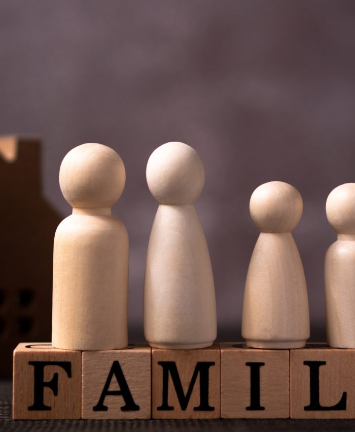 Wooden figures family standing on Wooden cube that writes the word family in front of a wooden house. The concept of Protection and safety, Home Security, property insurance and house.