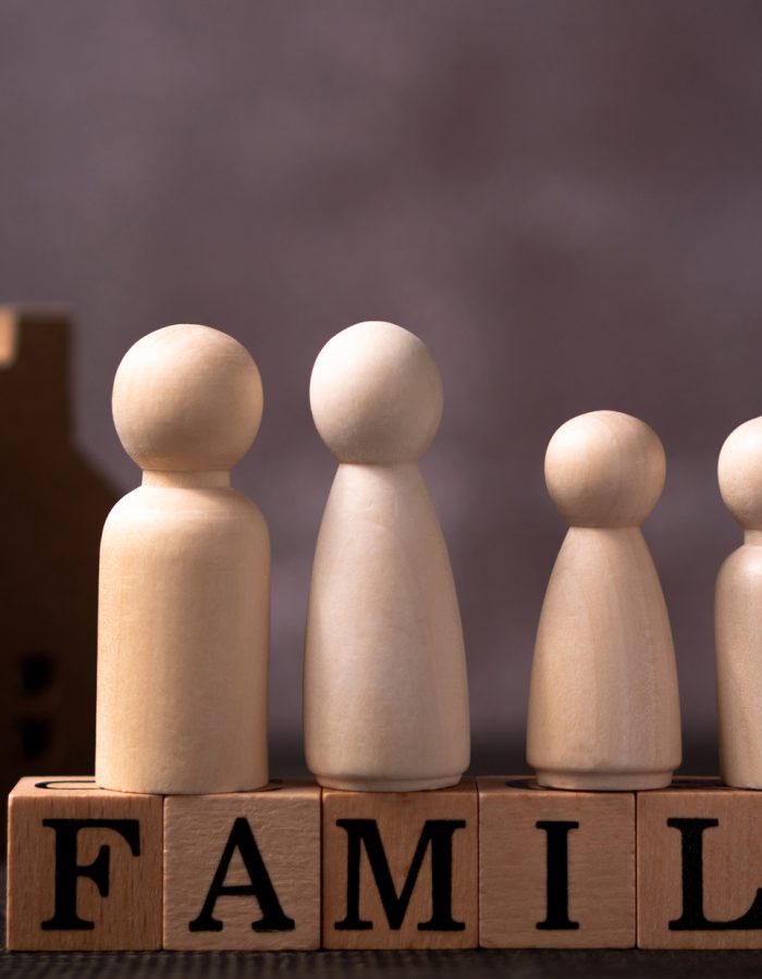 Wooden figures family standing on Wooden cube that writes the word family in front of a wooden house. The concept of Protection and safety, Home Security, property insurance and house.