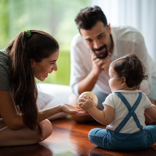 young mother and child baby are happy at home, childhood family concept with caucasian mom and little boy, newborn care lifestyle