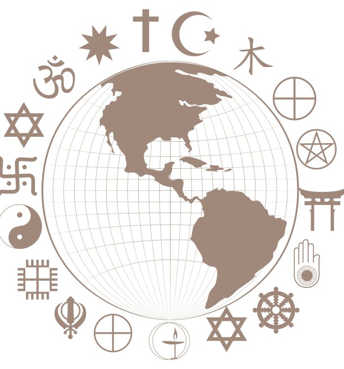 Religious symbols around earth planet illustration