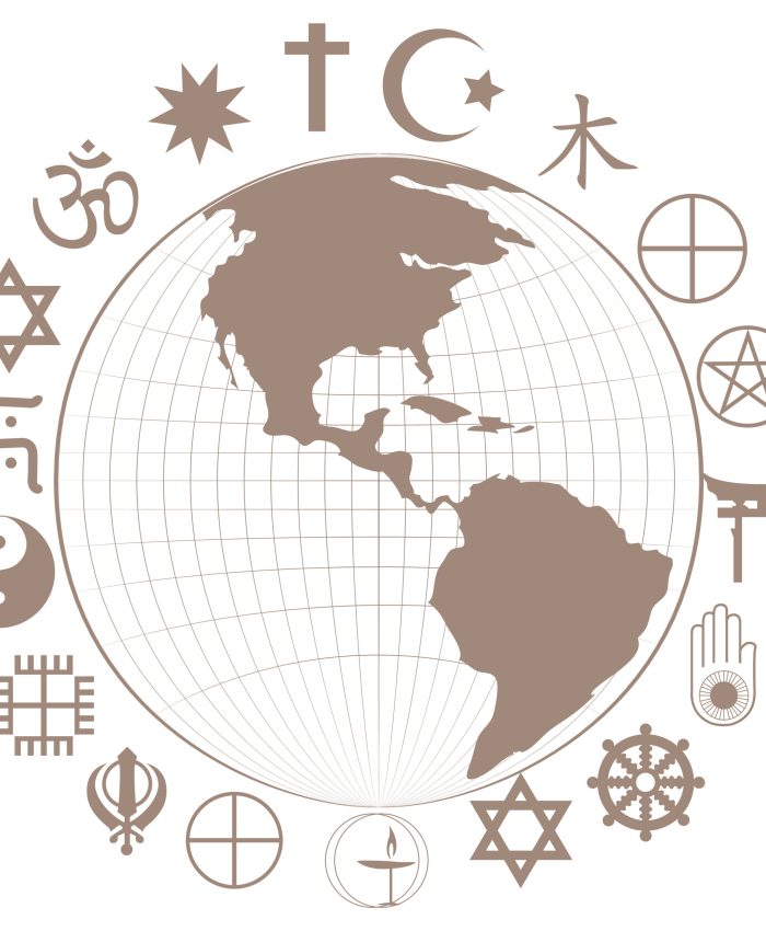Religious symbols around earth planet illustration