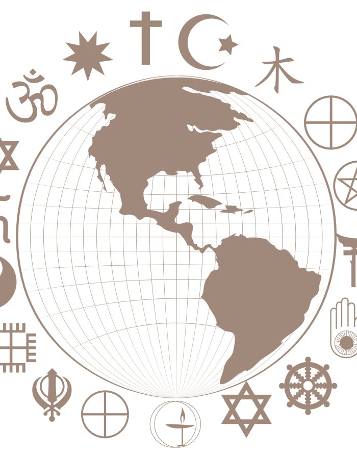 Religious symbols around earth planet illustration