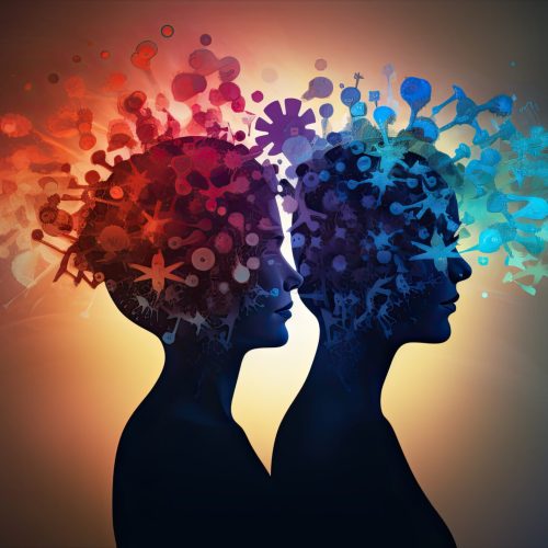 Abstract brain shapes representing the rational and irrational thinking of two individuals