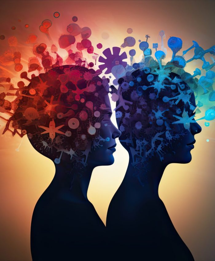 Abstract brain shapes representing the rational and irrational thinking of two individuals