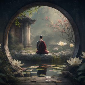 A Chinese priest meditates in a temple surrounded by water and lotus flowers, mystical, magical, enchanting
