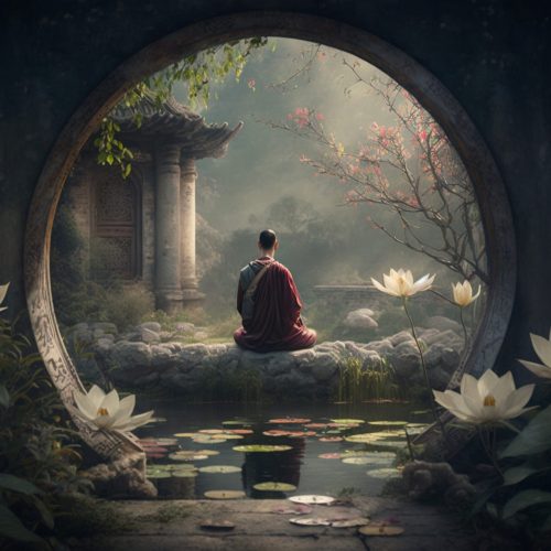 A Chinese priest meditates in a temple surrounded by water and lotus flowers, mystical, magical, enchanting