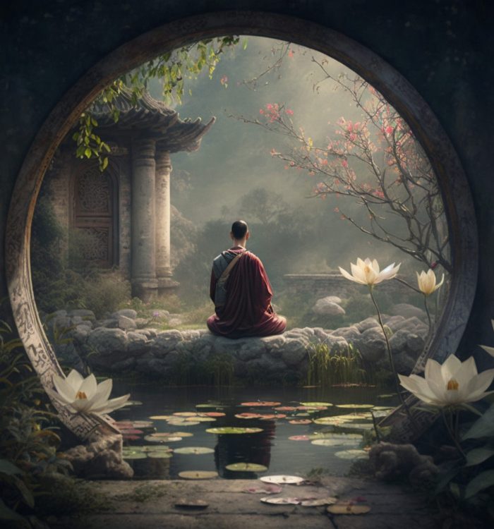 A Chinese priest meditates in a temple surrounded by water and lotus flowers, mystical, magical, enchanting