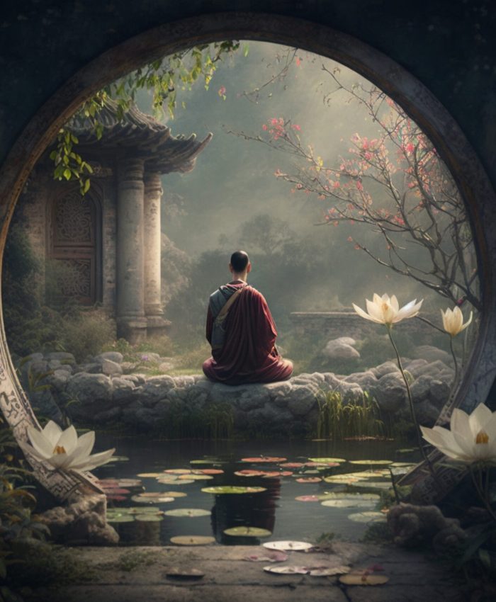 A Chinese priest meditates in a temple surrounded by water and lotus flowers, mystical, magical, enchanting