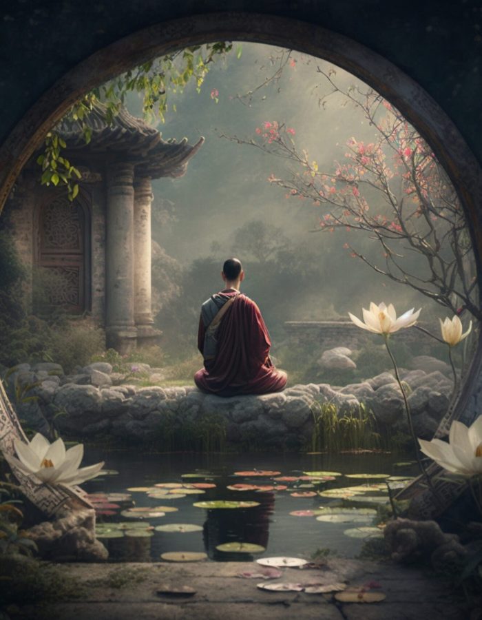 A Chinese priest meditates in a temple surrounded by water and lotus flowers, mystical, magical, enchanting